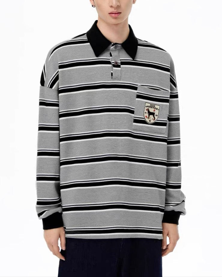 Contrast stripe embroidered polo long sleeves