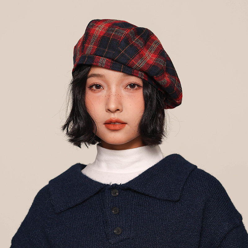 復古紅黑格紋貝雷帽