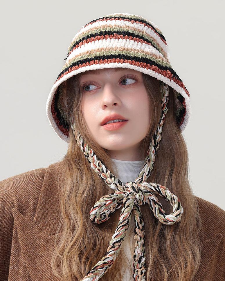 條紋針織拼色毛綫帽