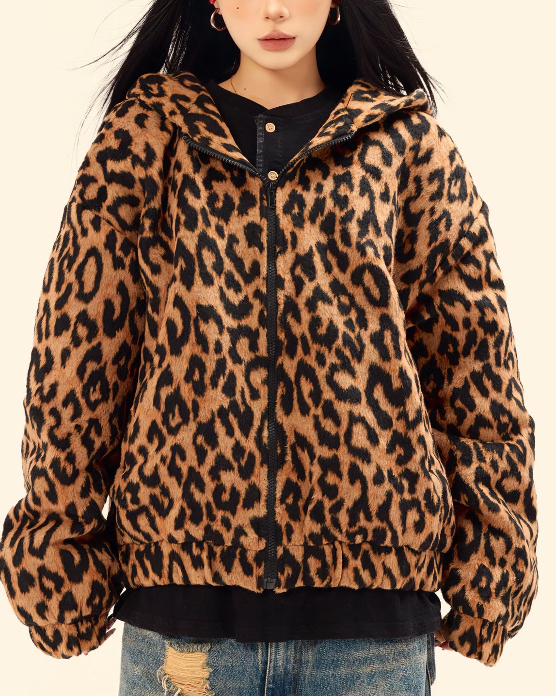 Retro leopard print hooded cotton jacket