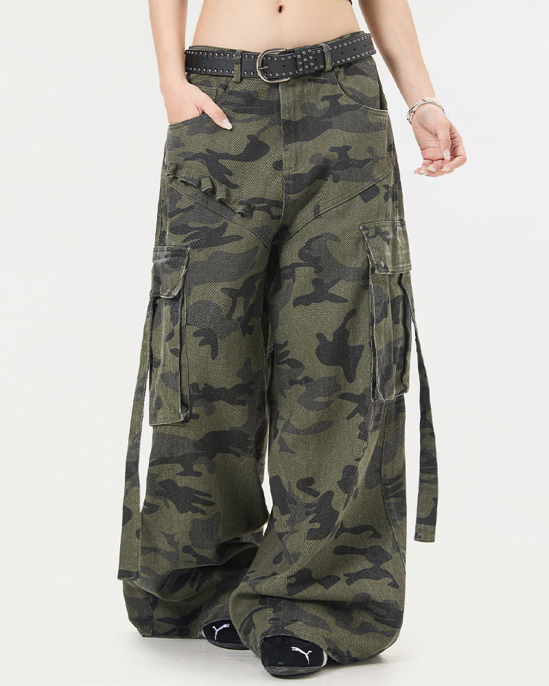 Multi-pocket heavy-duty wide-leg pants