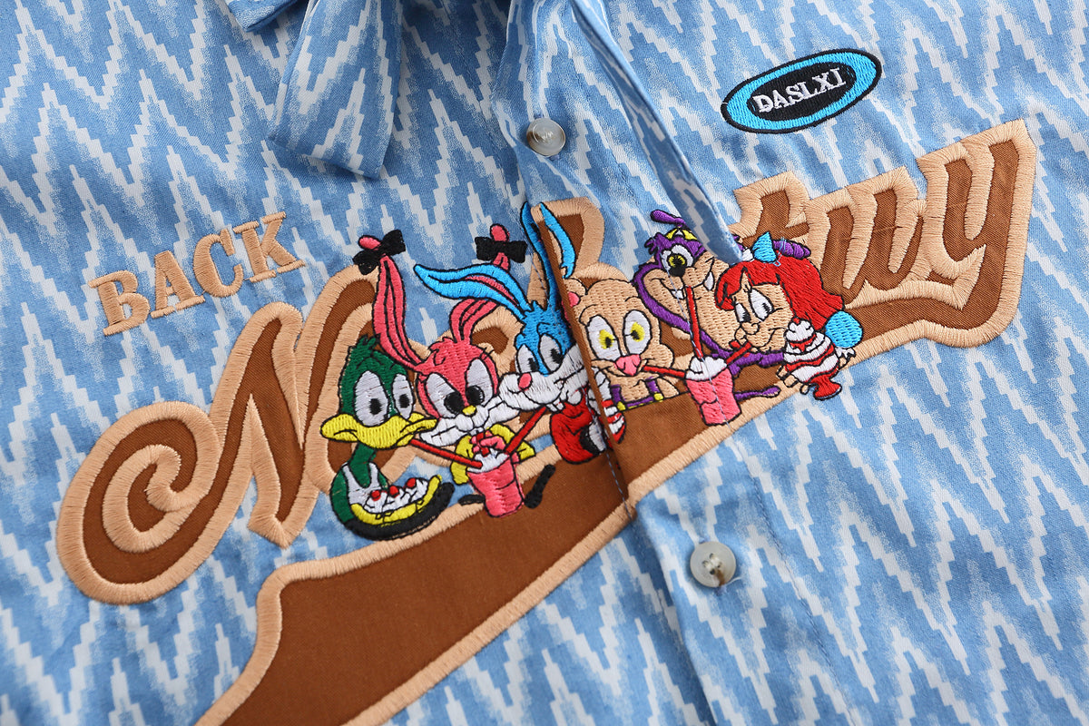American retro strappy cartoon embroidered shirt