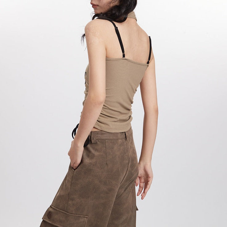 Retro halterneck drawstring sleeveless vest (women's)