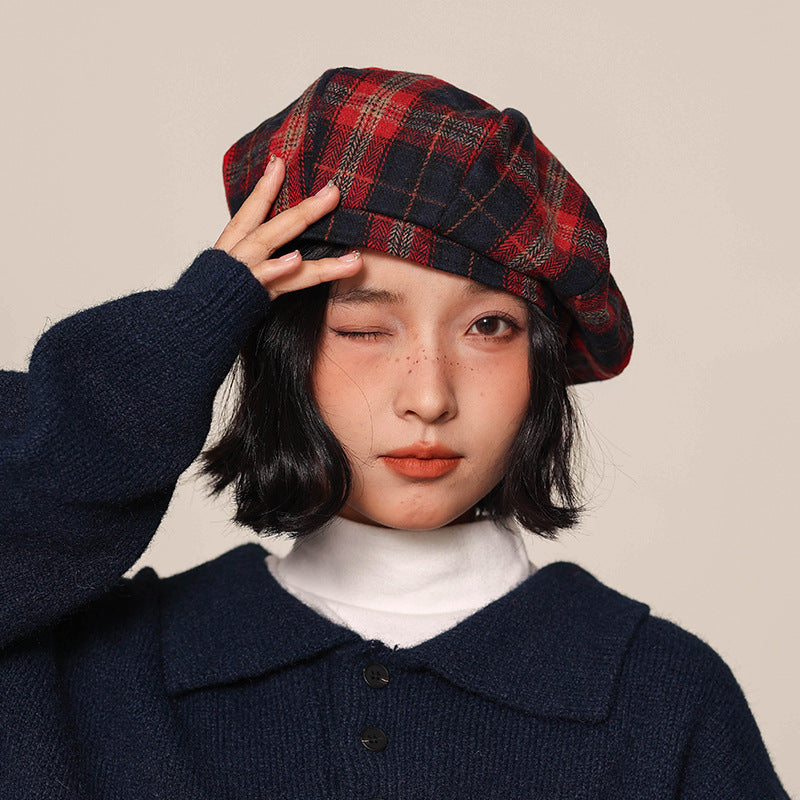 復古紅黑格紋貝雷帽
