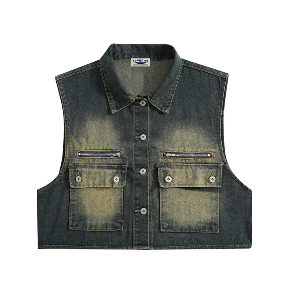 Retro workwear contrast denim vest