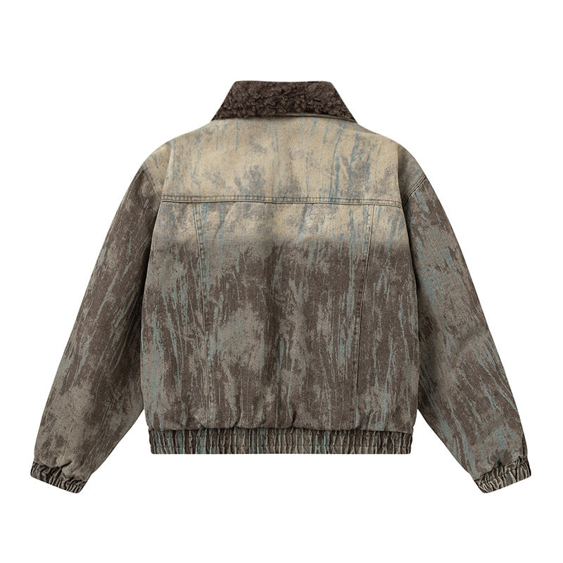 Distressed detachable fur collar coat