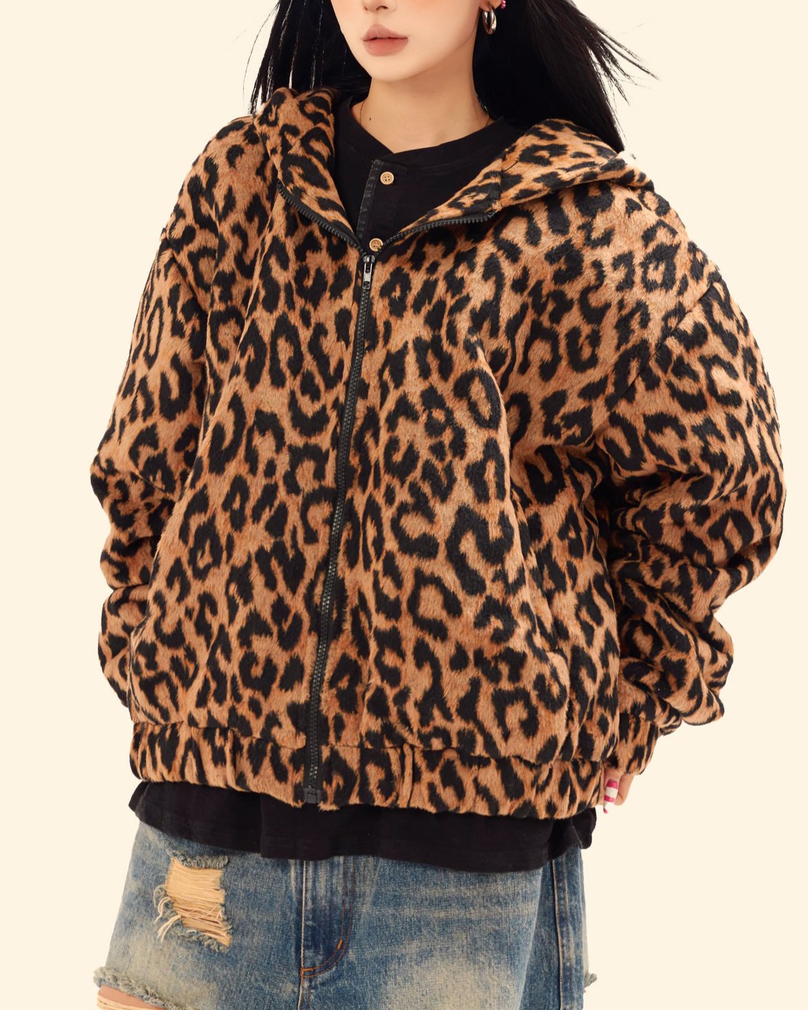 Retro leopard print hooded cotton jacket