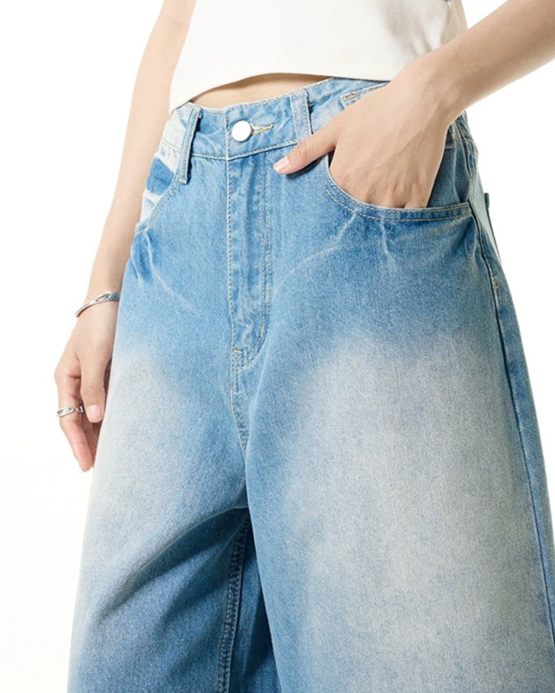 Washed distressed denim cropped shorts