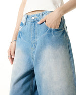Washed distressed denim cropped shorts