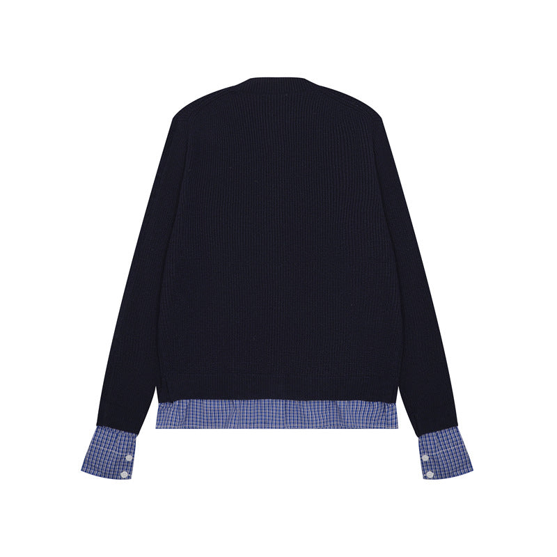 復古短款拼接開衫毛衣