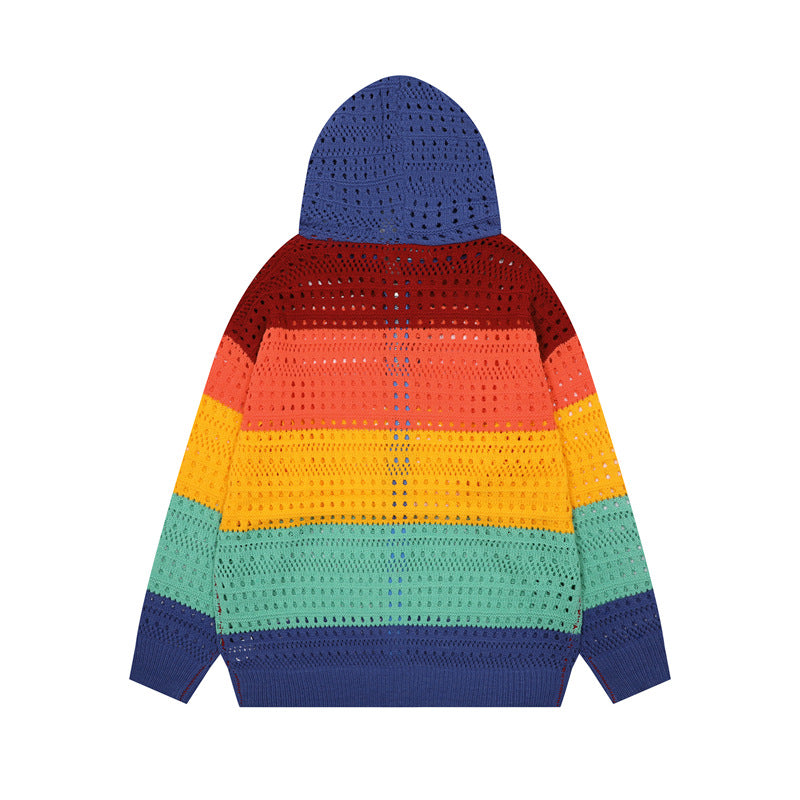 復古彩色條紋連帽開衫