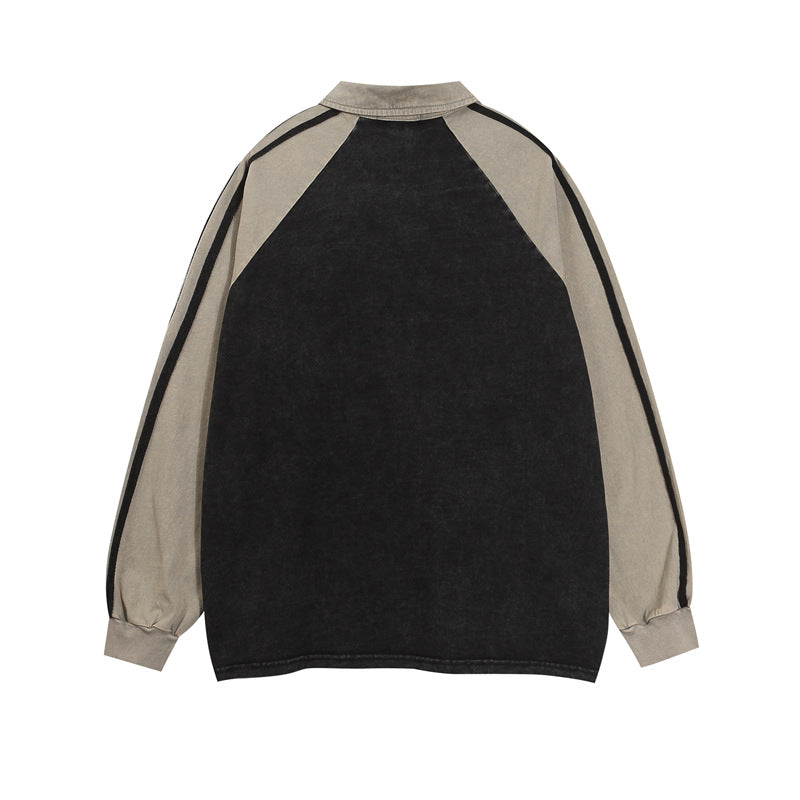 Retro distressed contrast color stitching long sleeves