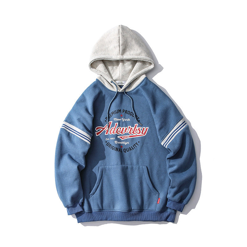 美式復古拼色印花連帽衛衣