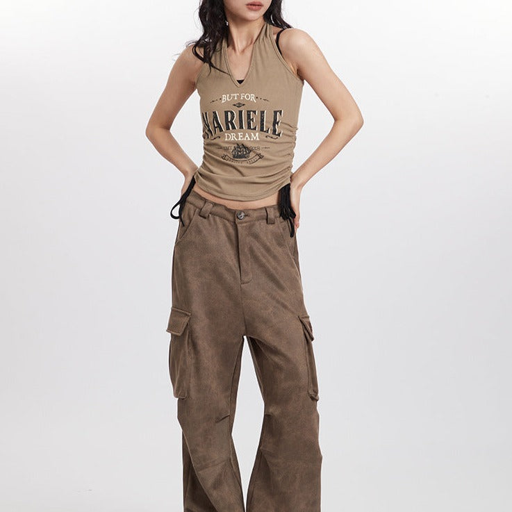 Retro halterneck drawstring sleeveless vest (women's)