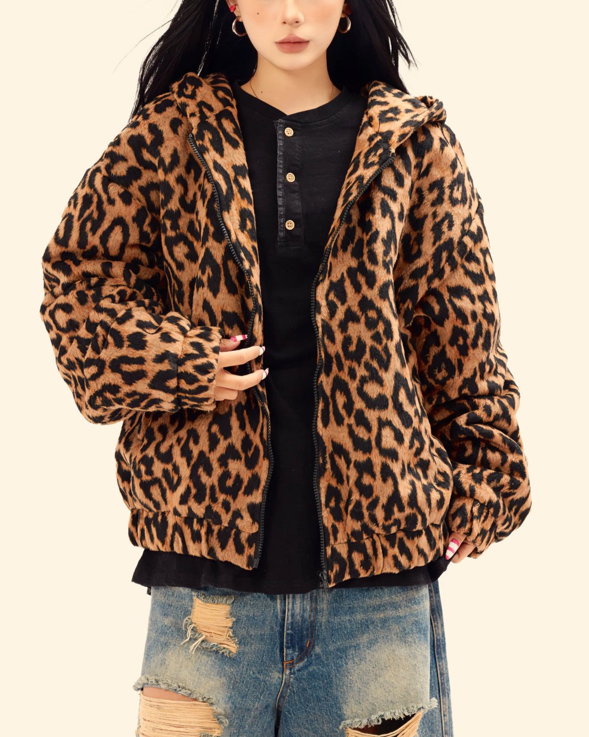 Retro leopard print hooded cotton jacket