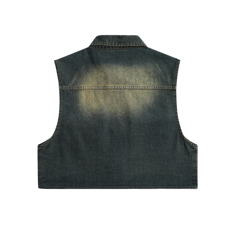 Retro workwear contrast denim vest