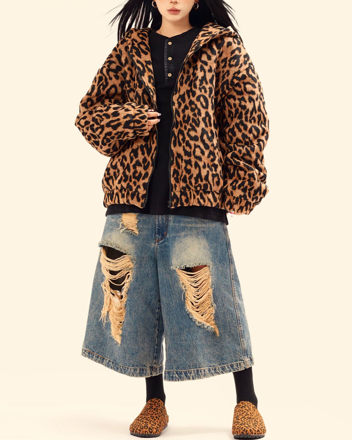 Retro leopard print hooded cotton jacket