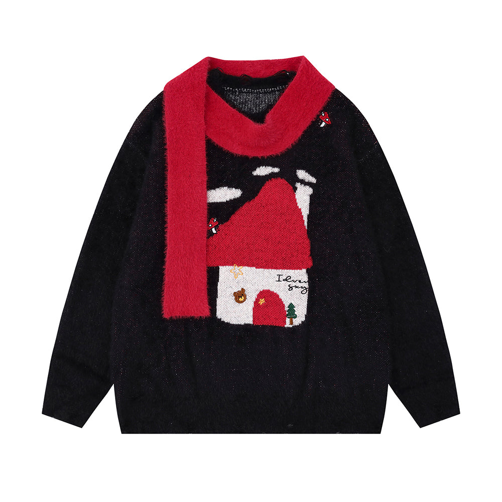 Retro red little house knitwear
