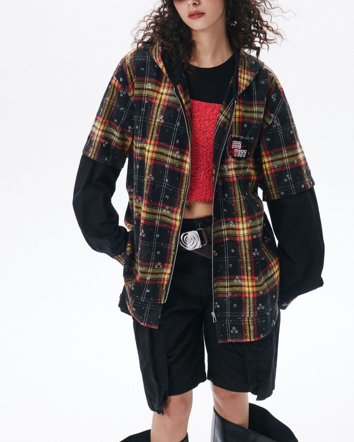 Vintage loose plaid hooded shirt