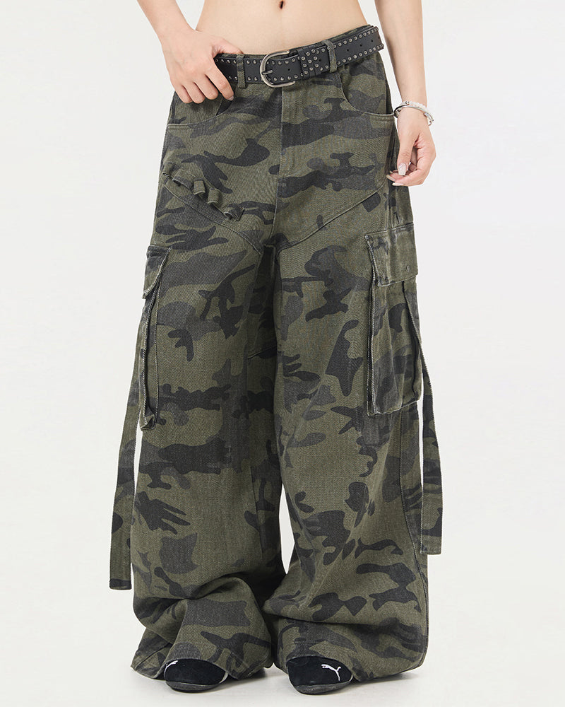 Multi-pocket heavy-duty wide-leg pants