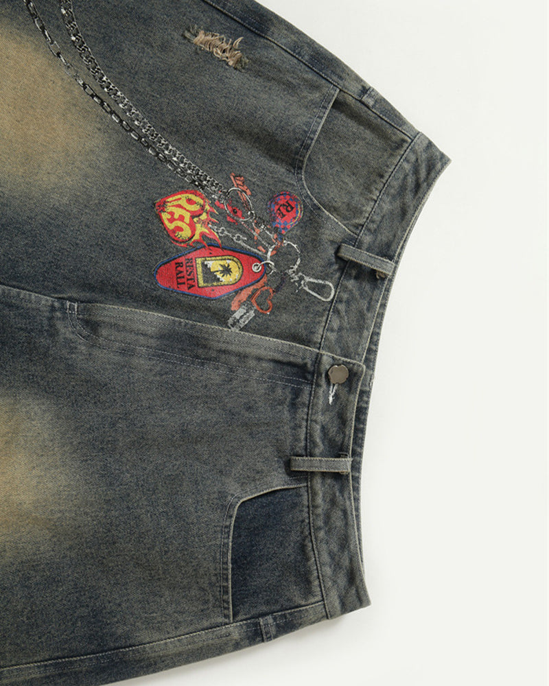 Fake two-piece patchwork cropped jeans