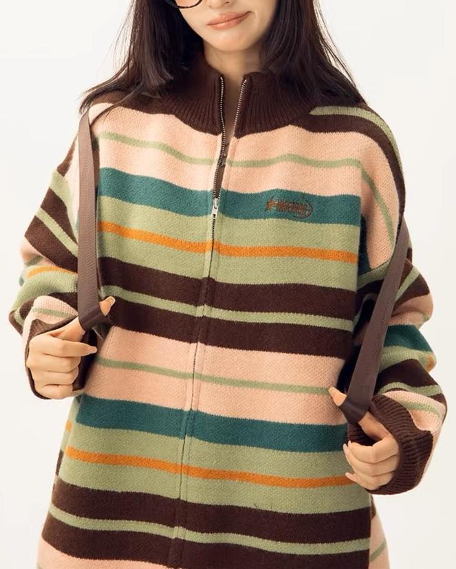 striped stand collar cardigan sweater