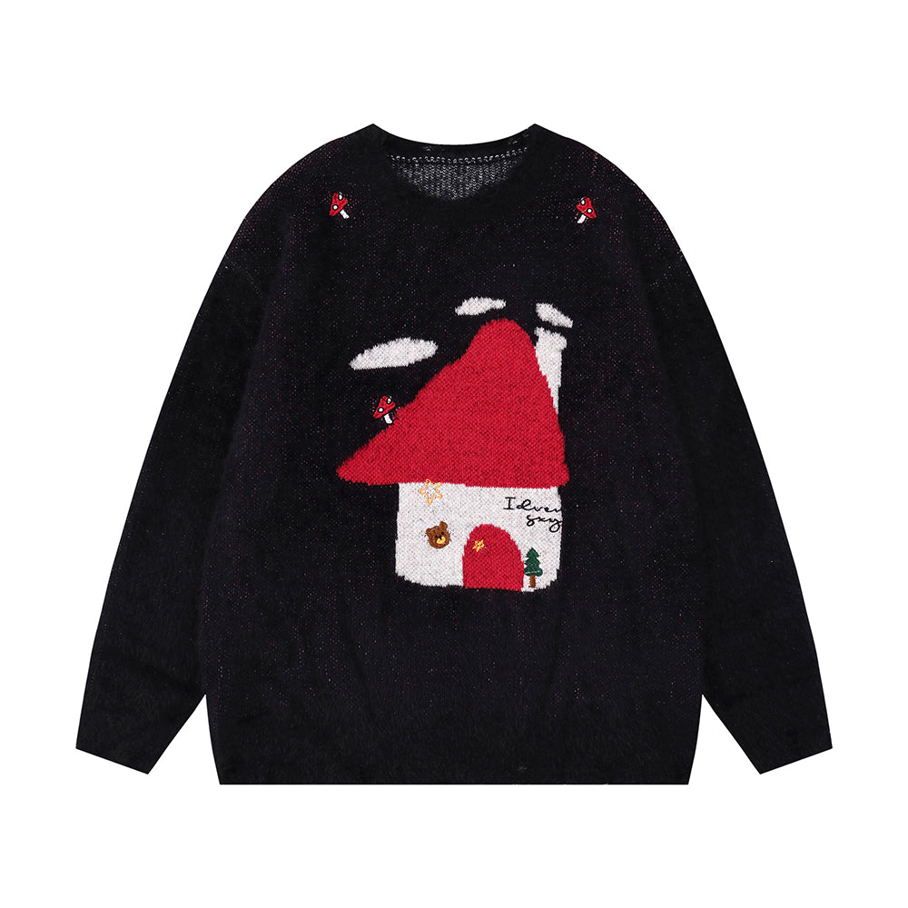 Retro red little house knitwear