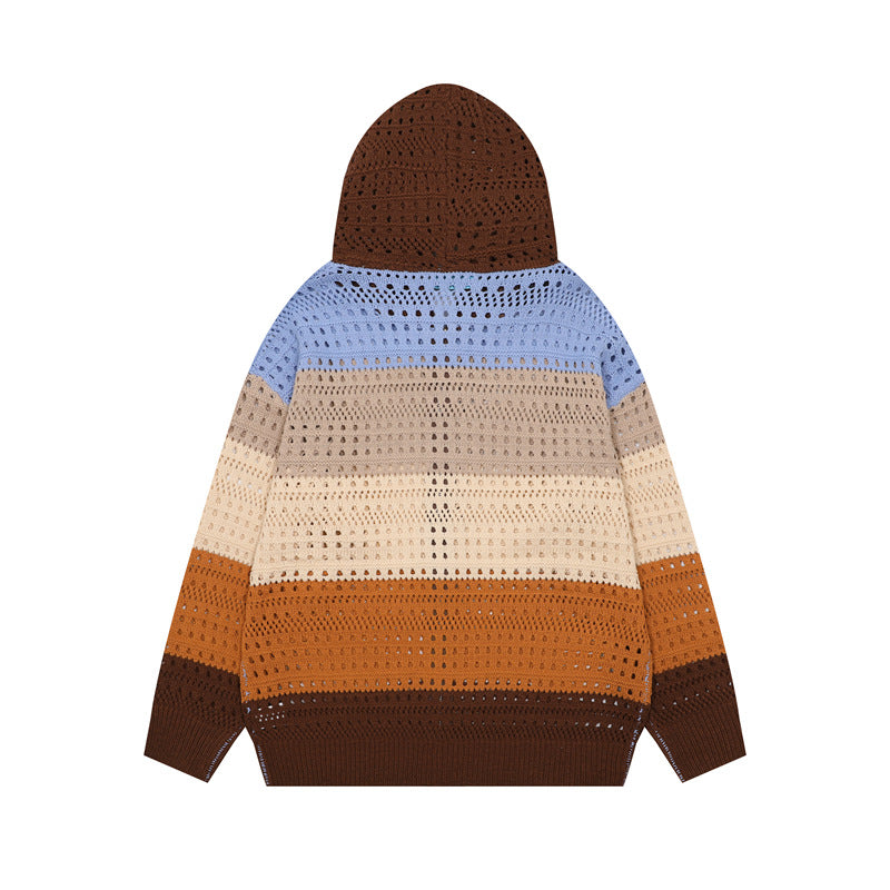 復古彩色條紋連帽開衫