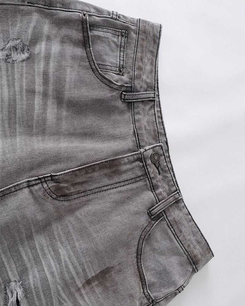 破洞水洗直筒牛仔褲