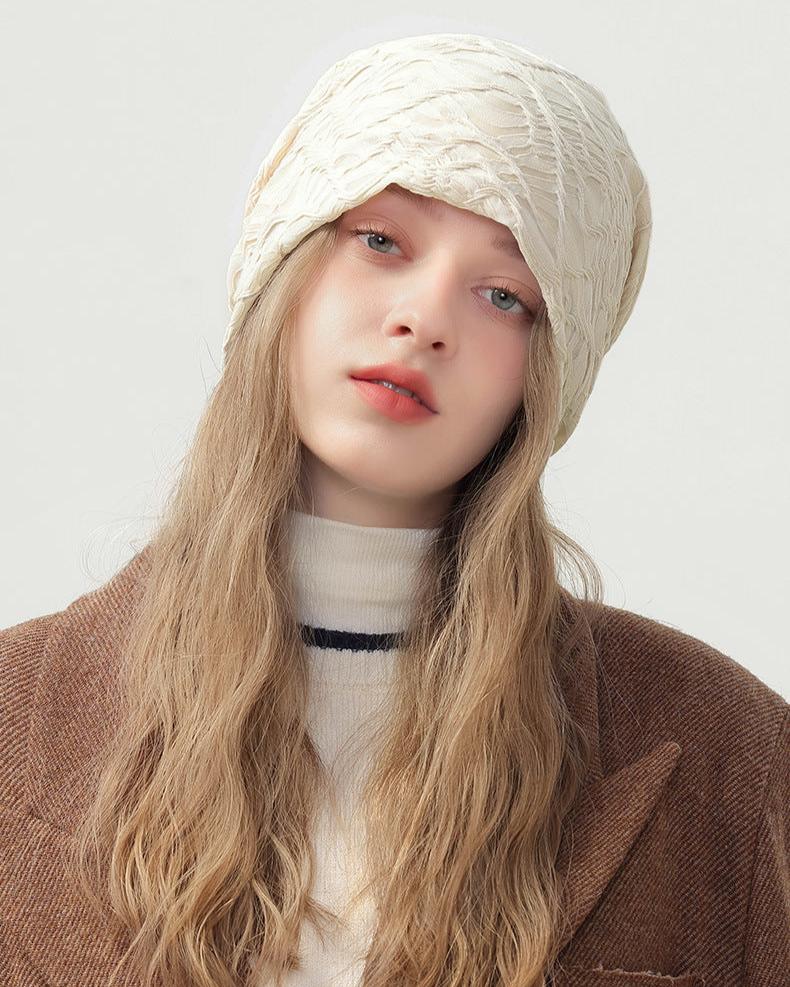 純色雙層皺褶套頭帽