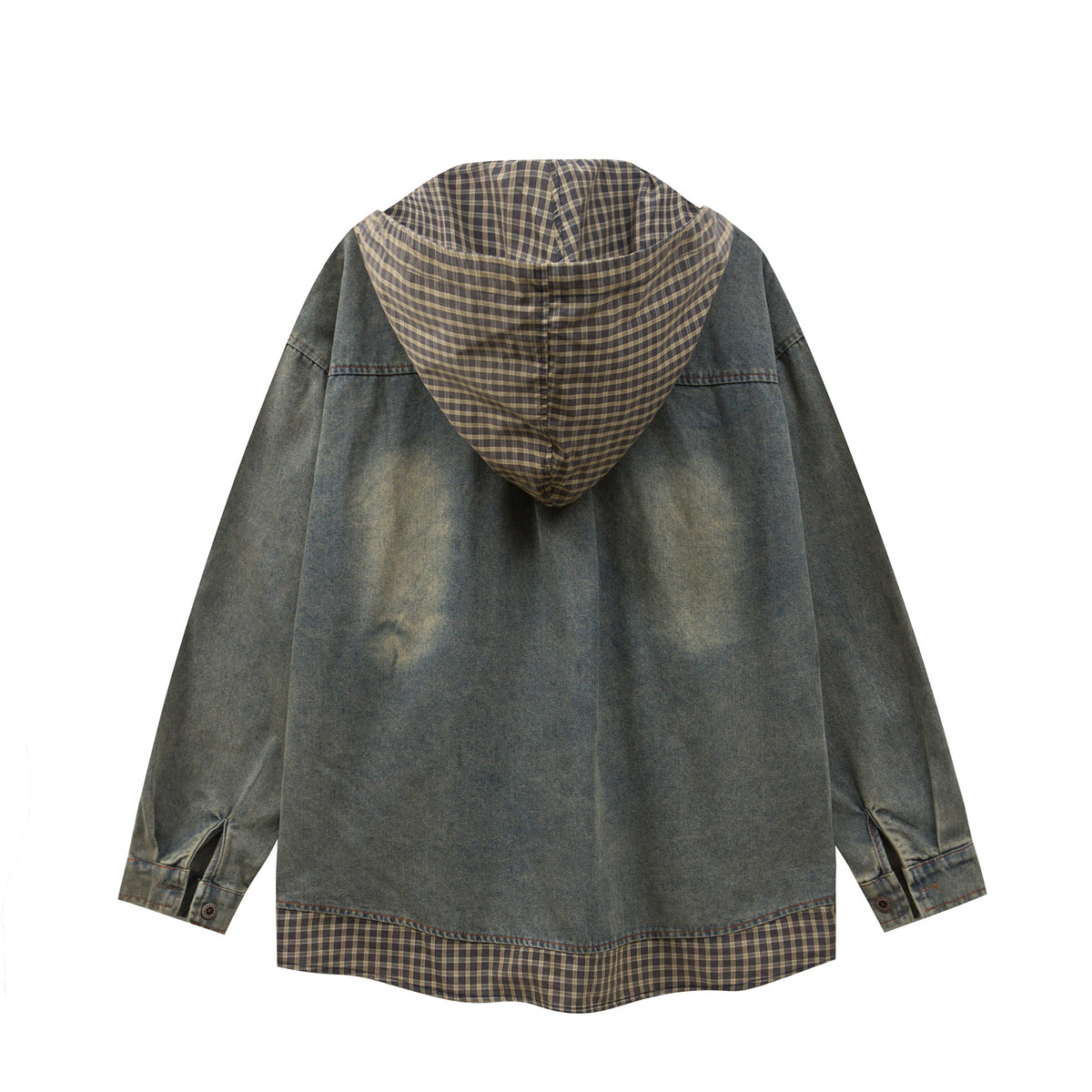 復古格子拼接假兩件牛仔外套