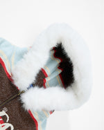 Fur-trimmed hooded color-blocked coat