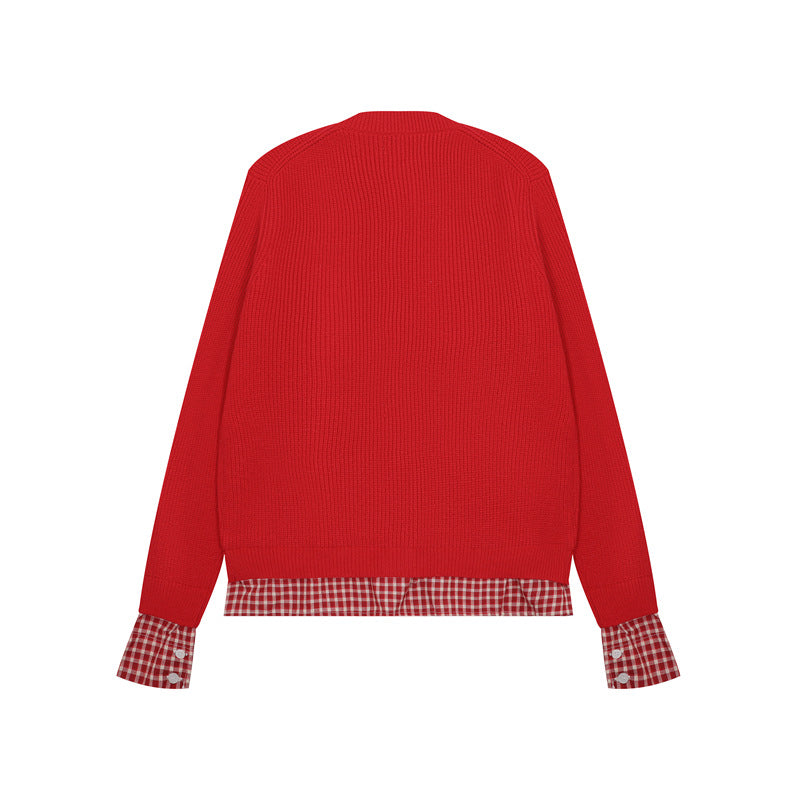 復古短款拼接開衫毛衣