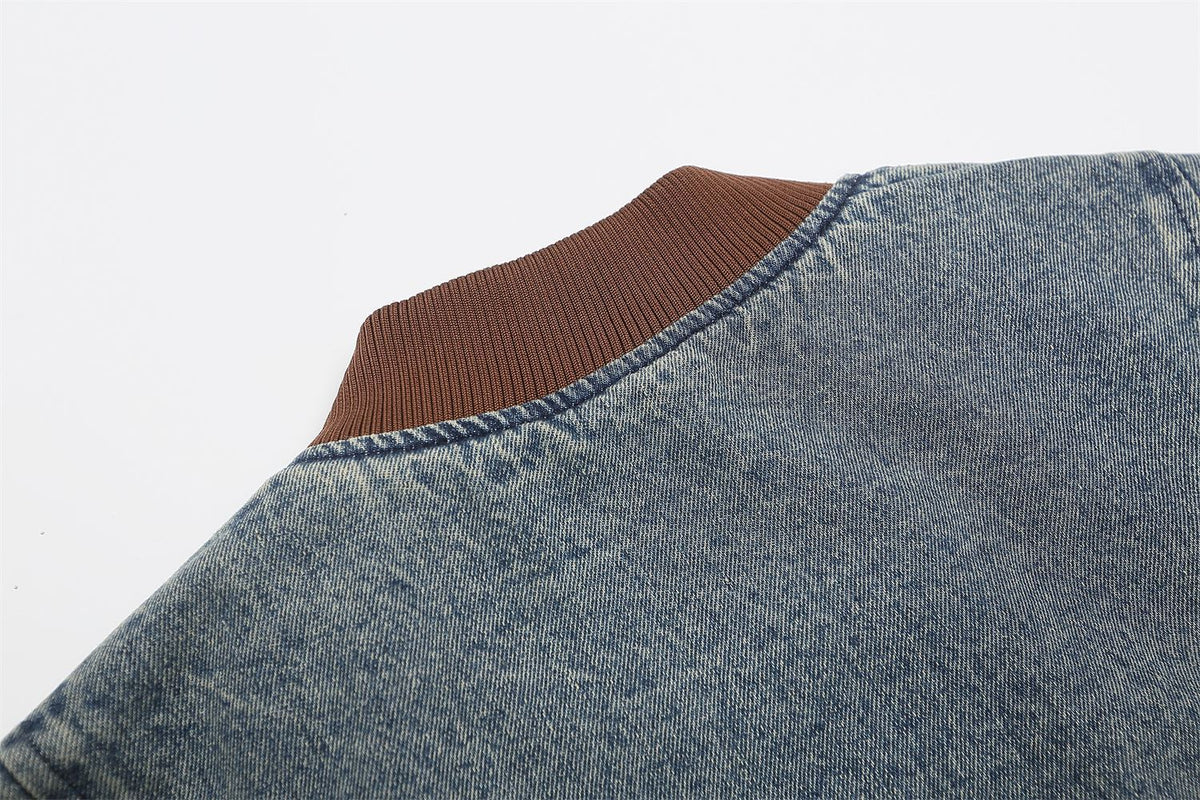 Retro distressed embroidered denim baseball jersey