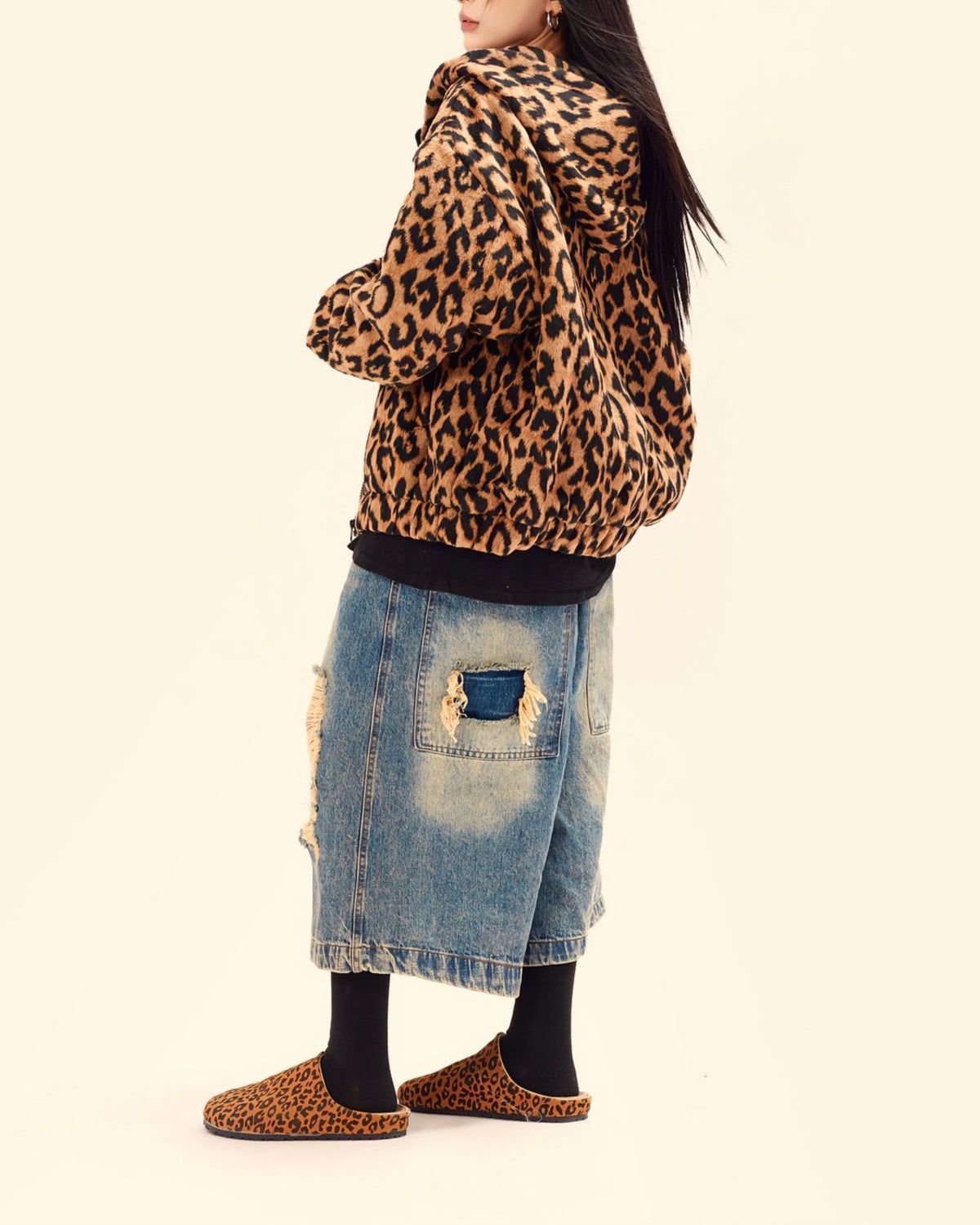 Retro leopard print hooded cotton jacket