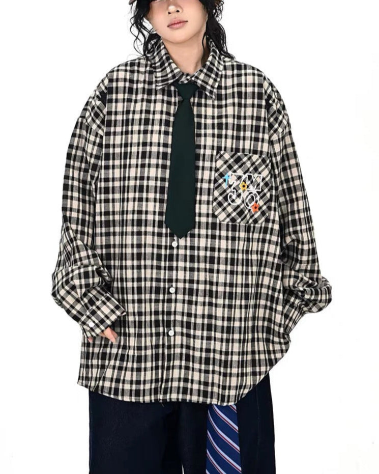 Retro casual plaid long-sleeved shirt