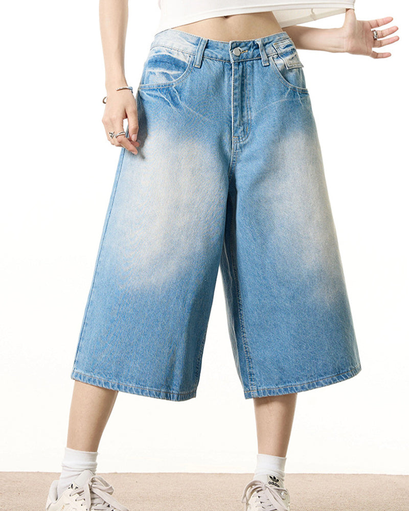 Washed distressed denim cropped shorts