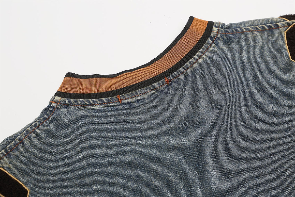 Retro distressed washed denim long sleeves