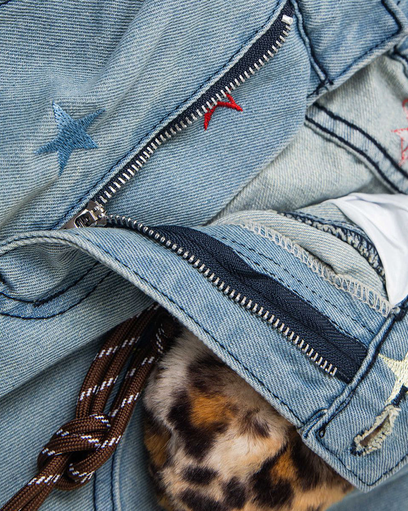 Washed leopard print jeans