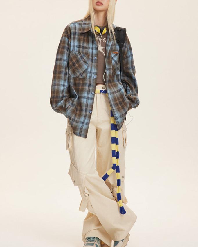 復古格子長袖襯衫