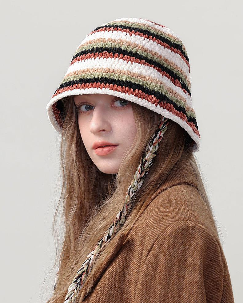 條紋針織拼色毛綫帽