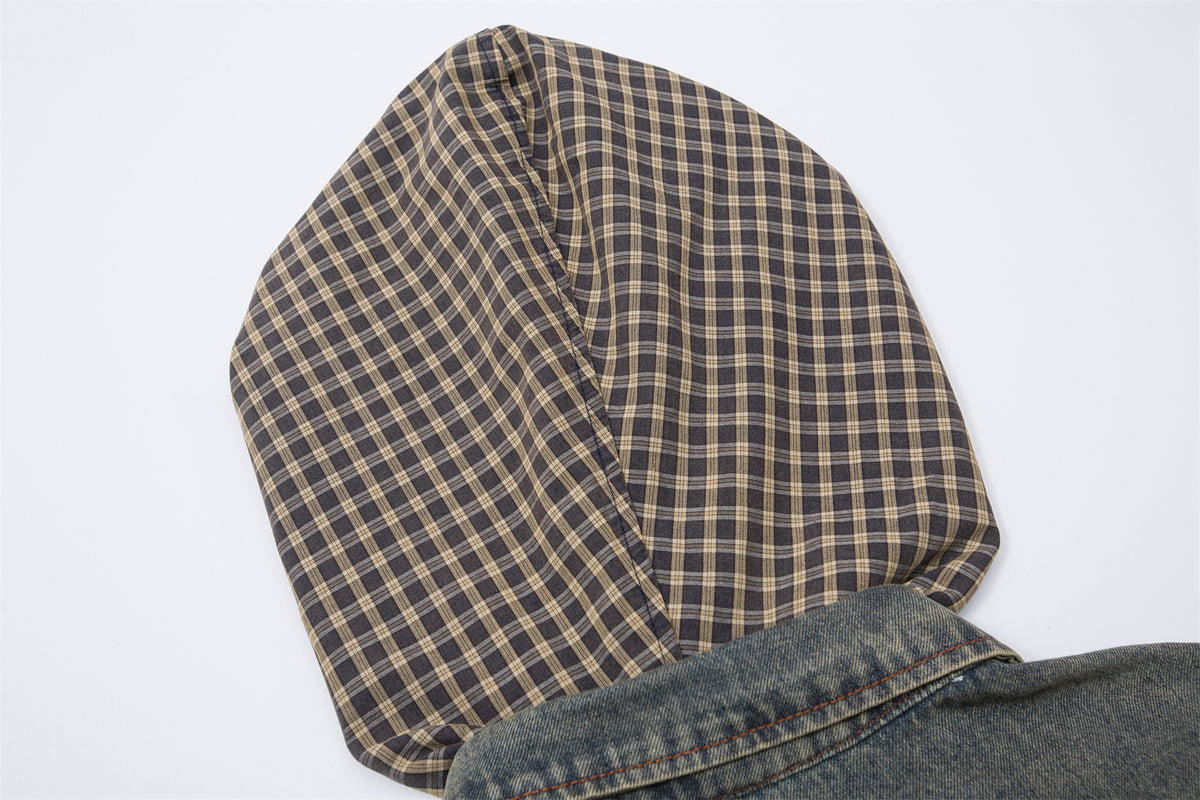 復古格子拼接假兩件牛仔外套