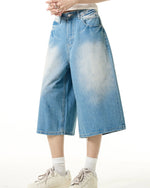 Washed distressed denim cropped shorts