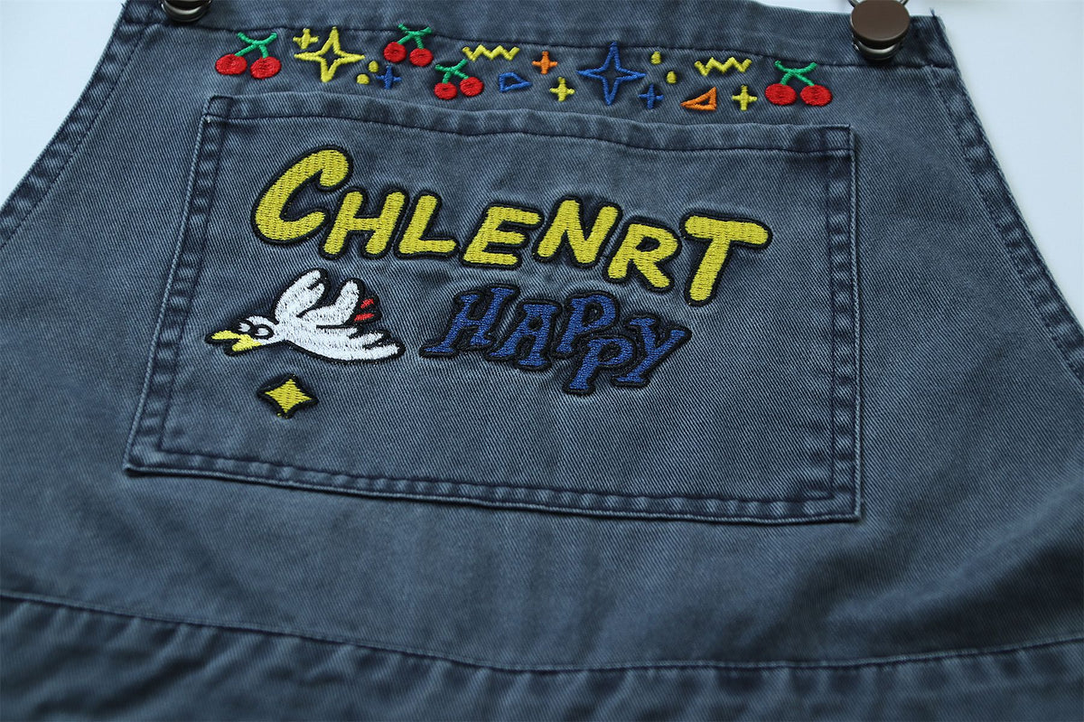 復古牛仔卡通刺綉背帶褲
