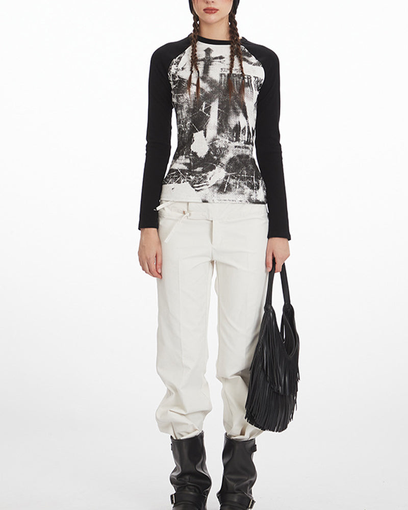 Women's Retro Print Raglan Sleeve Top