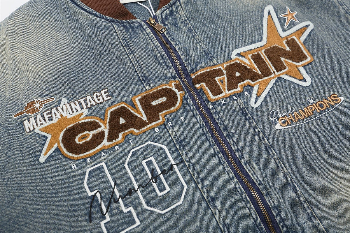 Retro distressed embroidered denim baseball jersey