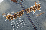 Retro distressed embroidered denim baseball jersey