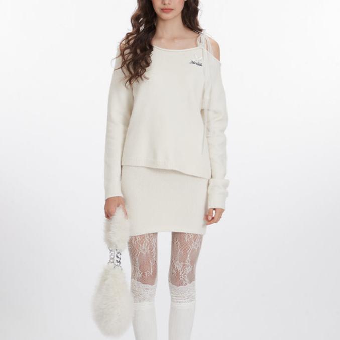 復古寬鬆一字領飄帶毛衣(女款)