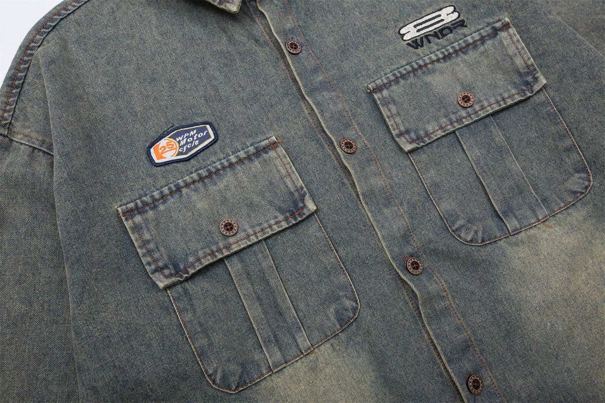 復古格子拼接假兩件牛仔外套