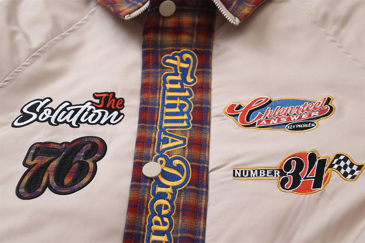 patchwork letter embroidered stand collar jacket